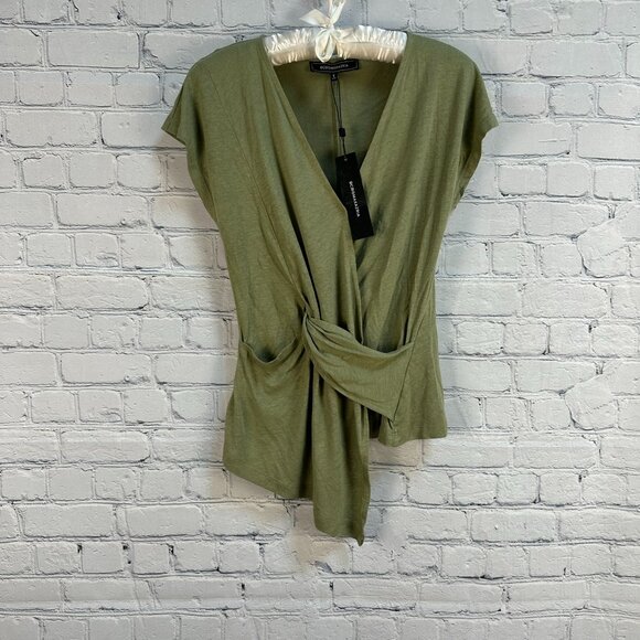 BCBGMAXAZRIA Women's Relaxed Linen Knot‎ Front Wrap V Neck Top, Size XXS, Green - Picture 5 of 12